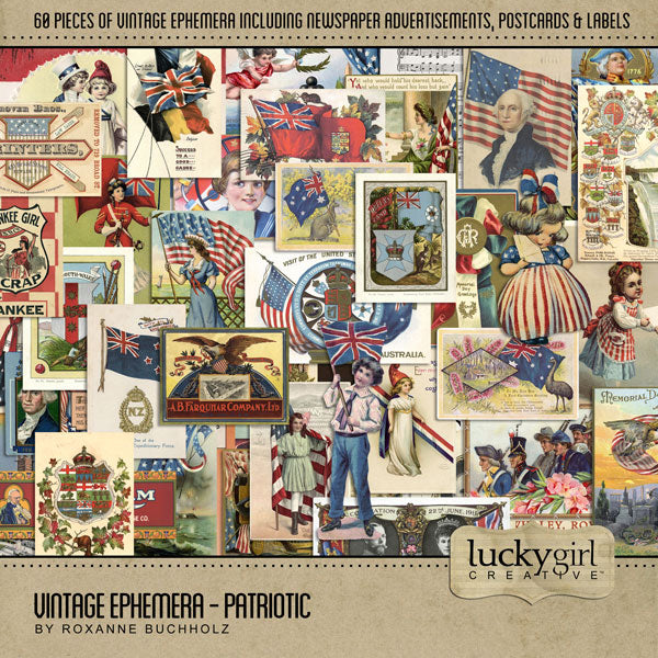 These vintage pieces of patriotic digital art ephemera from the early 1900's will help you add character and warmth to your family genealogy projects. Encompassing America, Australia, New Zealand, Canada, Great Britain, and the United Kingdom, the collection of digital art by Lucky Girl Creative includes 60 antique embellishments including newspaper advertisements, antique patriotic postcards, and vintage labels.