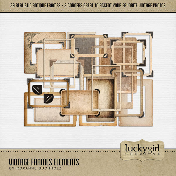 Filled with vintage photo frame embellishments and papers, this digital scrapbooking kit by Lucky Girl Creative digital art is great for telling your story, whether it is a personal project or a heritage and genealogy album. From weathered and tattered frames to lined and wrinkled paper with chipboard finishes, these digital scrapbooking elements and papers will add warmth to all your pages.