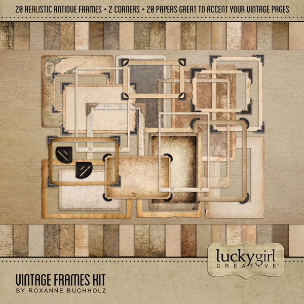 Filled with vintage photo frame embellishments and papers, this digital scrapbooking kit by Lucky Girl Creative digital art is great for telling your story, whether it is a personal project or a heritage and genealogy album. From weathered and tattered frames to lined and wrinkled paper with chipboard finishes, these digital scrapbooking elements and papers will add warmth to all your pages.