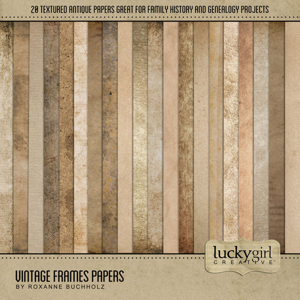 Filled with vintage photo frame embellishments and papers, this digital scrapbooking kit by Lucky Girl Creative digital art is great for telling your story, whether it is a personal project or a heritage and genealogy album. From weathered and tattered frames to lined and wrinkled paper with chipboard finishes, these digital scrapbooking elements and papers will add warmth to all your pages.