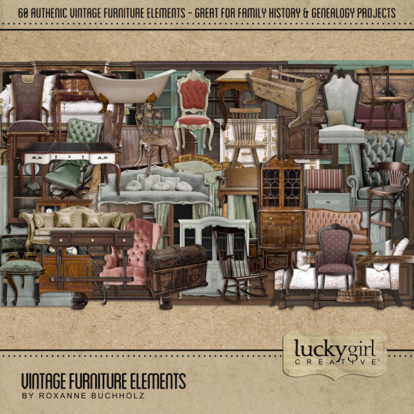 This digital art kit by Lucky Girl Creative is full of vintage furniture embellishments and upholstery fabric papers. Made from childhood and family memories, this kit is perfect for recalling favorite pieces of furniture found in grandma and grandpa's home.