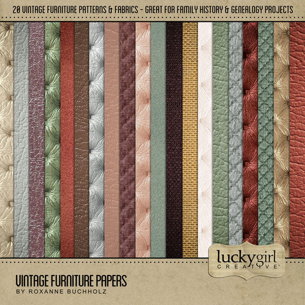 This digital art kit by Lucky Girl Creative is full of vintage furniture embellishments and upholstery fabric papers. Made from childhood and family memories, this kit is perfect for recalling favorite pieces of furniture found in grandma and grandpa's home.