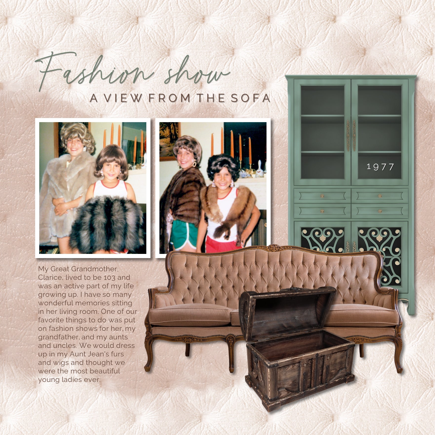 This digital art kit by Lucky Girl Creative is full of vintage furniture embellishments and upholstery fabric papers. Made from childhood and family memories, this kit is perfect for recalling favorite pieces of furniture found in grandma and grandpa's home.