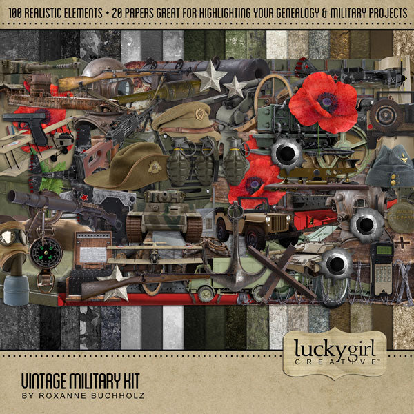 This Vintage Military Digital Scrapbook Kit by Lucky Girl Creative has everything you need to celebrate and honor your favorite soldier or military hero - no matter what country you're from. Each element is unique and perfect for telling your vintage or genealogy story.