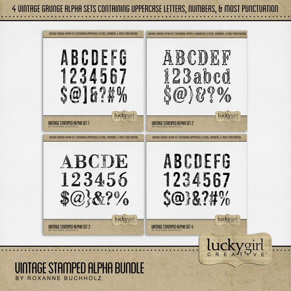 With an authentic stamped look, this digital scrapbooking collection of 4 alpha sets by Lucky Girl Creative digital art features a grunge look with transparency allowing a bit of your background to show through. Use as is or fill with your favorite color, paper, or photo. The Vintage Stamped Alpha Set Bundle consists of 4 full sets of digital art uppercase letters A-Z, numbers 0-9, and most punctuation. These alpha sets are available as individual embellishments only.