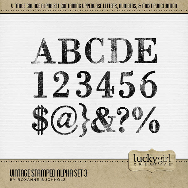 With an authentic stamped look, this digital scrapbooking alpha set by Lucky Girl Creative features a grunge look with transparency allowing a bit of your background to show through. Use as is or fill with your favorite color, paper, or photo.