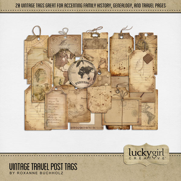 Inspired by old newspapers, map ephemera, and antique postage stamp elements, these digital scrapbooking paper tags and labels by Lucky Girl Creative digital art are great for accenting family history, heritage, travel, and genealogy pages! This kit is included in the Vintage Travel Post Bundle.