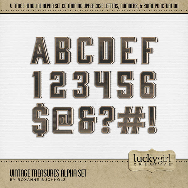 Create your own digital scrapbooking titles with these stylish vintage alphabet letters, numbers, and some punctuation by Lucky Girl Creative. Great for genealogy and family history albums and digital art pages. The Vintage Treasures Alpha Set consists of a full set of digital art uppercase letters A-Z, numbers 0-9, and some punctuation marks. This alpha set is available as individual embellishments only.