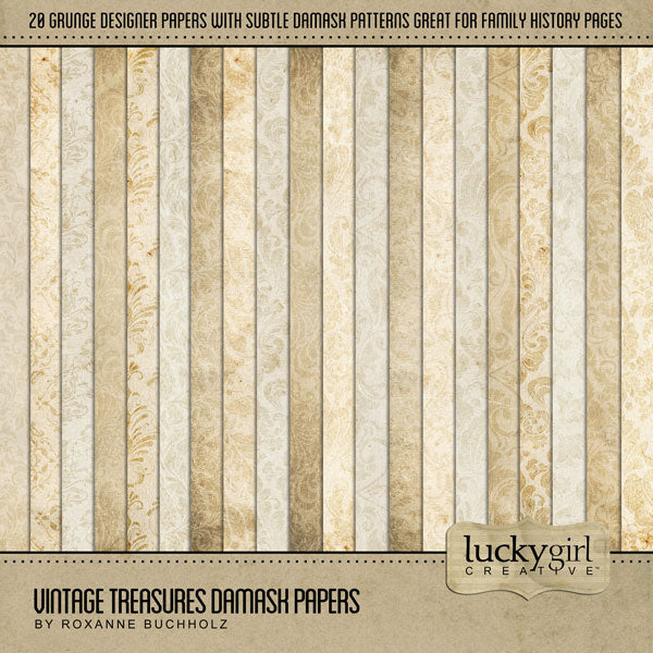 Great for genealogy and family history albums and digital art pages, these antique damask background papers by Lucky Girl Creative are neutral enough for all your projects. All digital papers have a subtle damask pattern with slight grunge for added age.