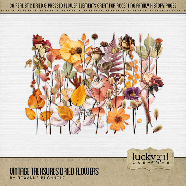 Great for genealogy and family history albums and keepsake digital art pages, these pressed and dried flowers by Lucky Girl Creative are perfect for layering with your antique photographs to give that realistic vintage look.