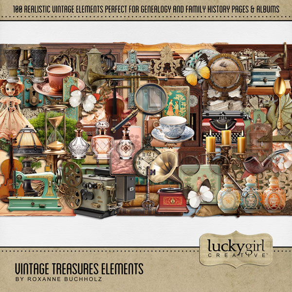 Great for genealogy and family history albums and keepsake digital art pages, these realistic vintage embellishments by Lucky Girl Creative are perfect for layering with your antique photographs to give that realistic vintage look. Perfect for memories of a grandma or grandpa, an aunt or uncle, or a mother or father. Elements include scrapbook, photo album, binoculars, bird cage, book, bottles, decorative box, butterfly, candlestick, candle, tea cup, compass, doll, family tree, and more.