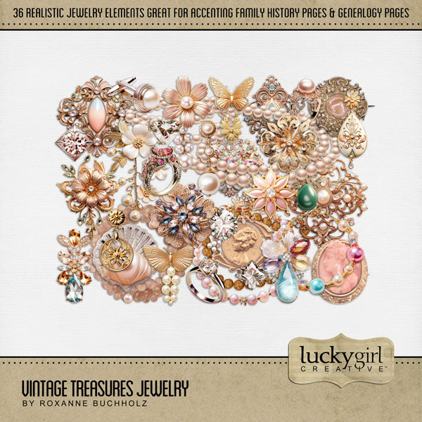 Great for genealogy and family history albums and keepsake digital art pages, these ornate pieces of vintage jewelry or jewellery are perfect for layering with your antique photographs to give that realistic vintage look. Perfect for memories of a grandma, an aunt, or a mother. Elements include brooch, pin, diamond, ring, necklace, bracelet, cufflink, pearl necklace, and more.