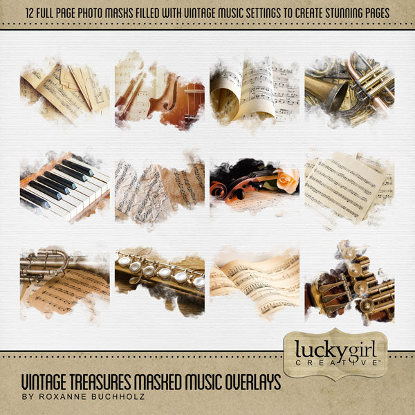 Great for genealogy and family history albums and keepsake digital art pages, these beautiful vintage music sheets and instrument overlays with transparent edges by Lucky Girl Creative blend seamlessly into any background paper and make the perfect backdrop for authentic scrapbook pages. Overlays include vintage sheets of music, piano keys, flute, trumpet, violin, viola, French horn, and brass instruments.