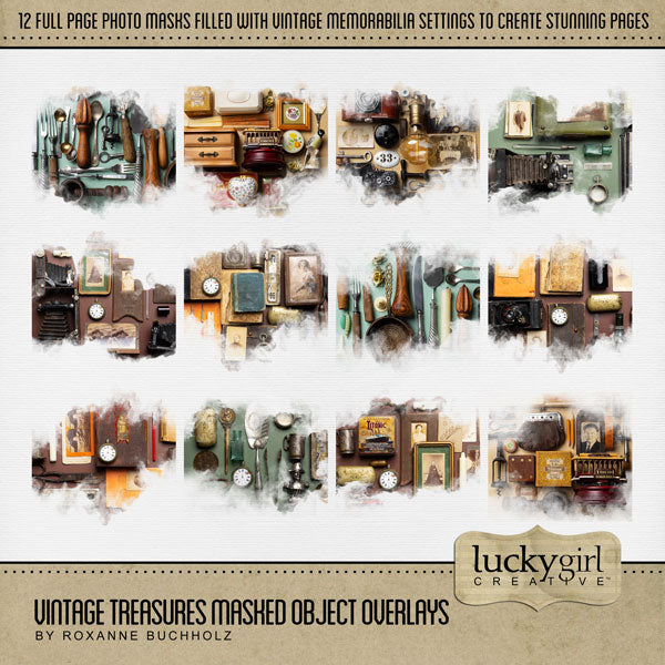 Great for genealogy and family history albums and keepsake digital art pages, these beautiful vintage memorabilia overlays with transparent edges by Lucky Girl Creative blend seamlessly into any background paper and make the perfect backdrop for authentic scrapbook pages. Overlays include vintage silverware, kitchen gadgets, camera, vintage photo frames, journals, jewelry box, pocket watch, and other memorabilia.