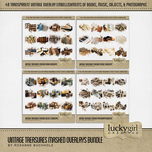Great for genealogy and family history albums and keepsake digital art pages, these beautiful vintage overlays with transparent edges by Lucky Girl Creative blend seamlessly into any background paper and make the perfect backdrop for authentic scrapbook pages. Topics include books, music, vintage objects, and photographs.