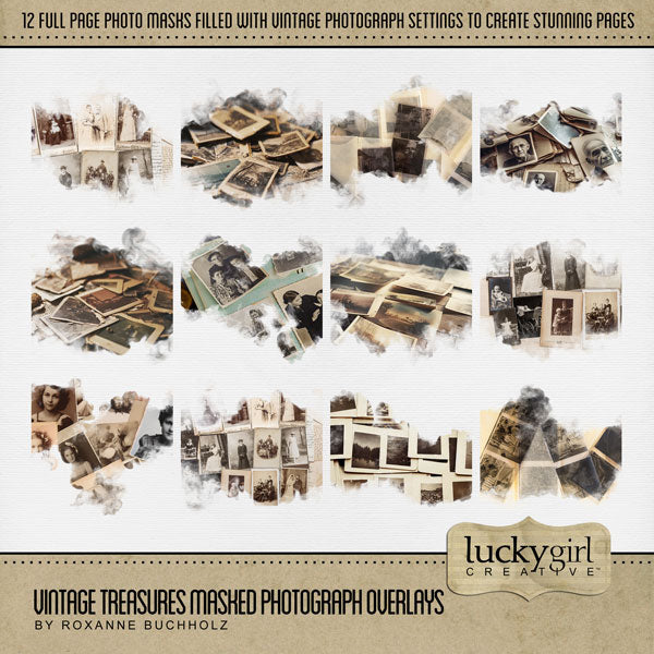 Great for genealogy and family history albums and keepsake digital art pages, these beautiful vintage overlays by Lucky Girl Creative blend seamlessly into any background paper and make the perfect backdrop for authentic scrapbook pages. Overlays include scattered photos, scrapbook album pages, photo albums, vintage photographs, camera negatives, and film slides.