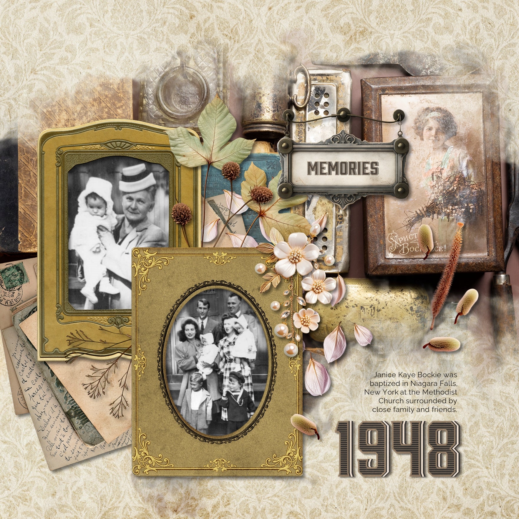 Great for genealogy and family history albums and keepsake digital art pages, these realistic vintage embellishments and damask papers by Lucky Girl Creative are perfect for layering with your antique photographs to give that realistic vintage look. Perfect for memories of a grandma or grandpa, an aunt or uncle, or a mother or father. Elements include scrapbook, photo album, binoculars, bird cage, book, bottles, decorative box, butterfly, candlestick, candle, tea cup, compass, doll, family tree, and more.