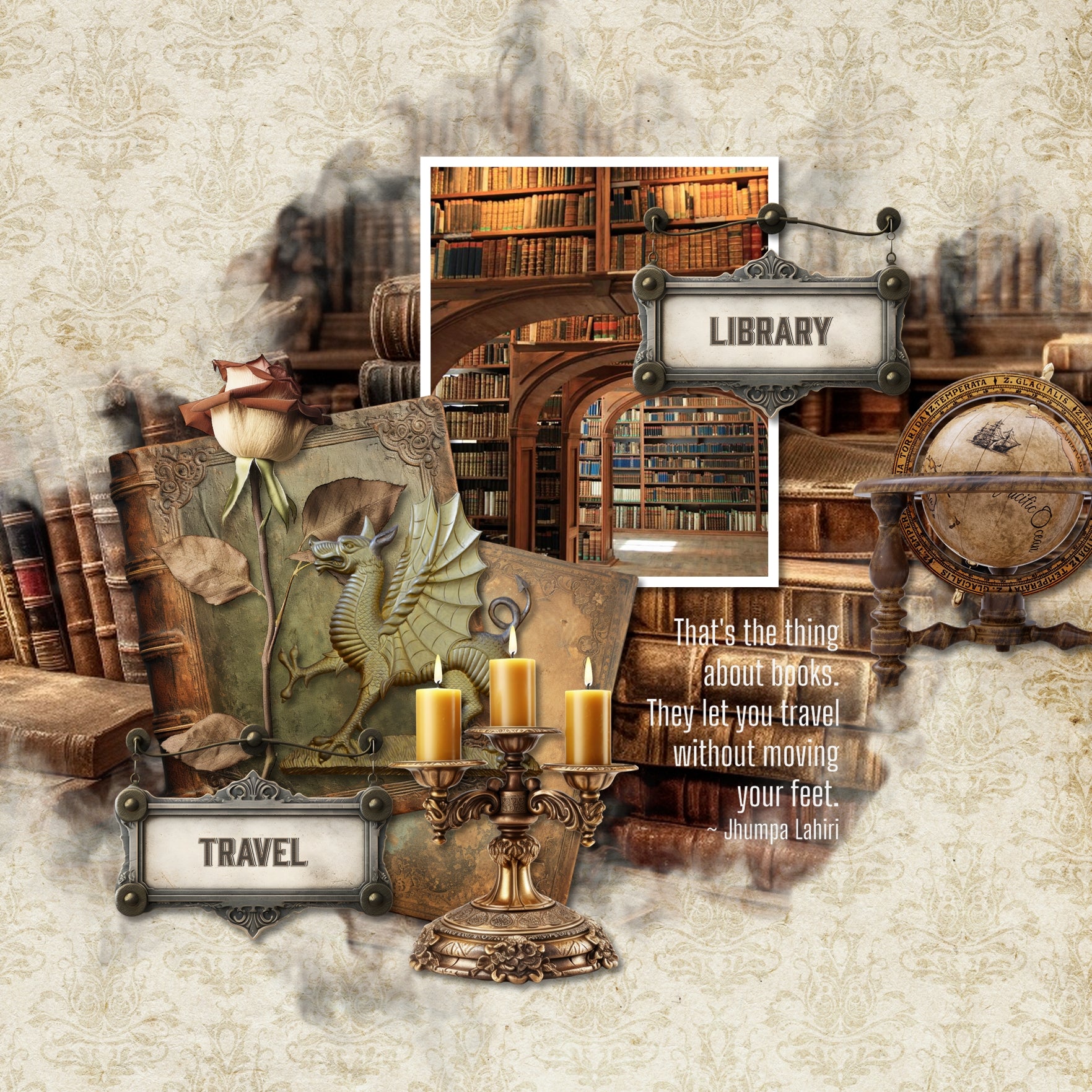 Great for genealogy and family history albums and keepsake digital art pages, these realistic vintage embellishments and damask papers by Lucky Girl Creative are perfect for layering with your antique photographs to give that realistic vintage look. Perfect for memories of a grandma or grandpa, an aunt or uncle, or a mother or father. Elements include scrapbook, photo album, binoculars, bird cage, book, bottles, decorative box, butterfly, candlestick, candle, tea cup, compass, doll, family tree, and more.