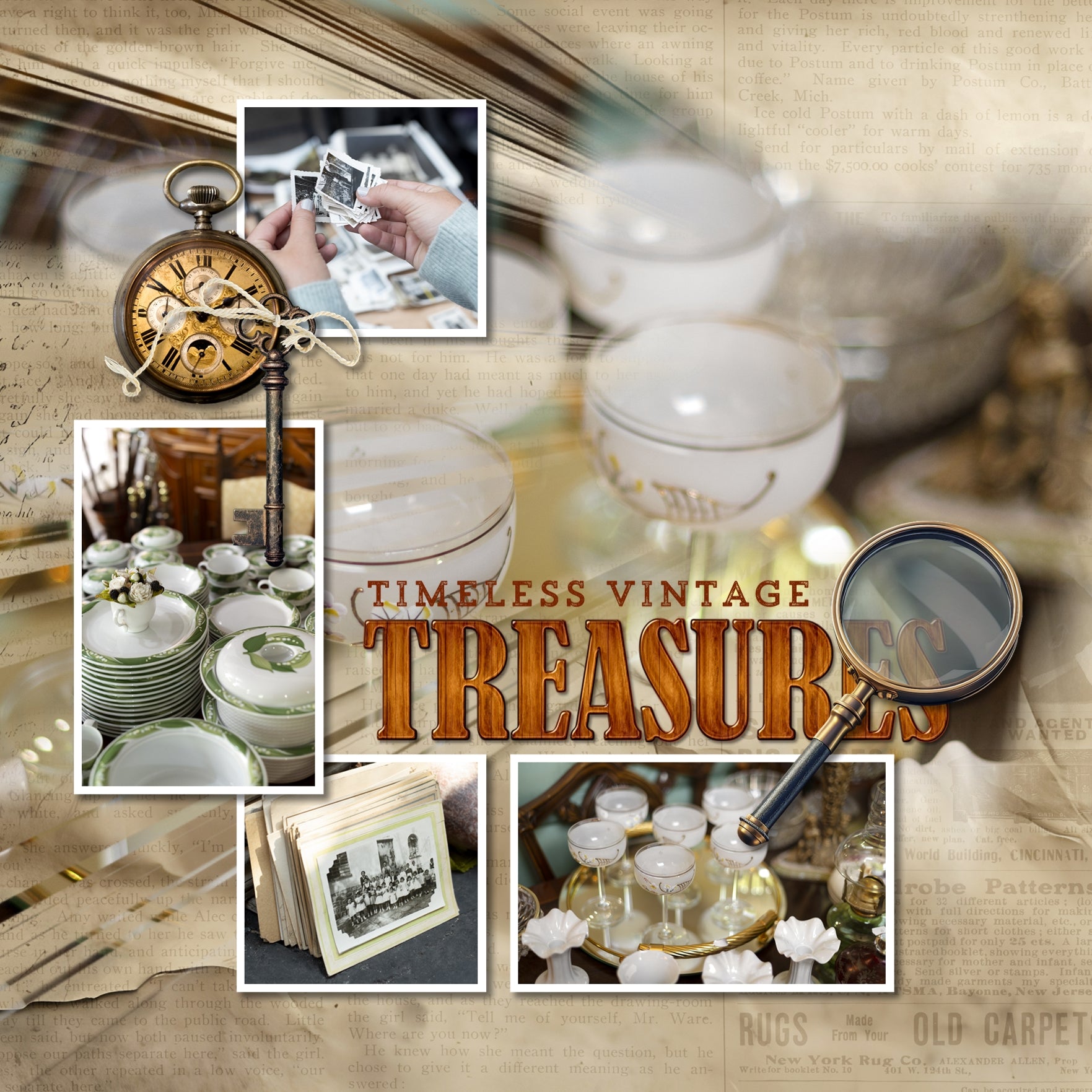 Great for genealogy and family history albums and keepsake digital art pages, these realistic vintage embellishments by Lucky Girl Creative are perfect for layering with your antique photographs to give that realistic vintage look. Perfect for memories of a grandma or grandpa, an aunt or uncle, or a mother or father. Elements include scrapbook, photo album, binoculars, bird cage, book, bottles, decorative box, butterfly, candlestick, candle, tea cup, compass, doll, family tree, and more.