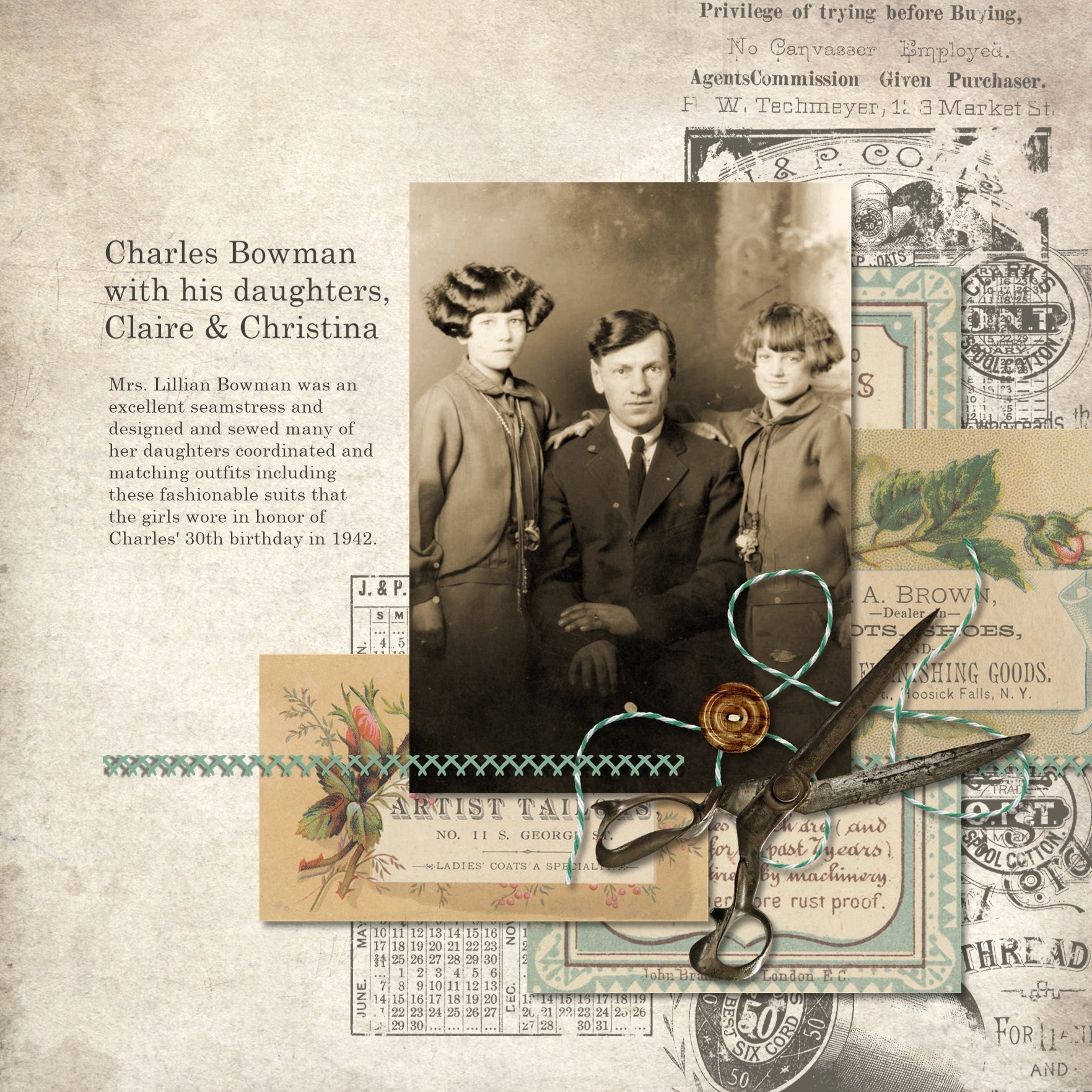 These vintage sewing pieces of ephemera from the early 1900's will help you add character and warmth to your family genealogy projects. Collection includes 50 antique digital art embellishments including newspaper advertisements, antique postcards, and vintage labels featuring sewing machines, thread, fashion, clothiers, shoes, dyes, and more.