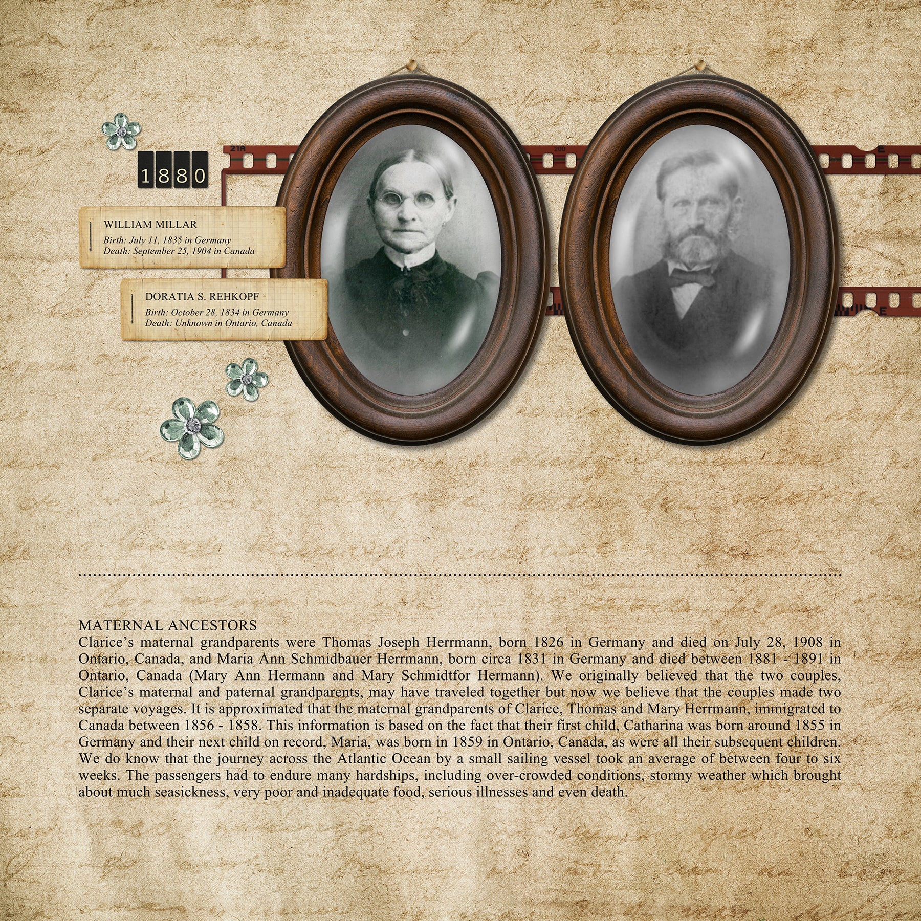 These journaling and background papers, vintage documents and antique ephemera, tags, hanging bowed glass frames, vintage embellishments, alphas, photo mats, flowers, ribbon, charms, word art and more are the perfect way to accent your vintage family history and genealogy projects.