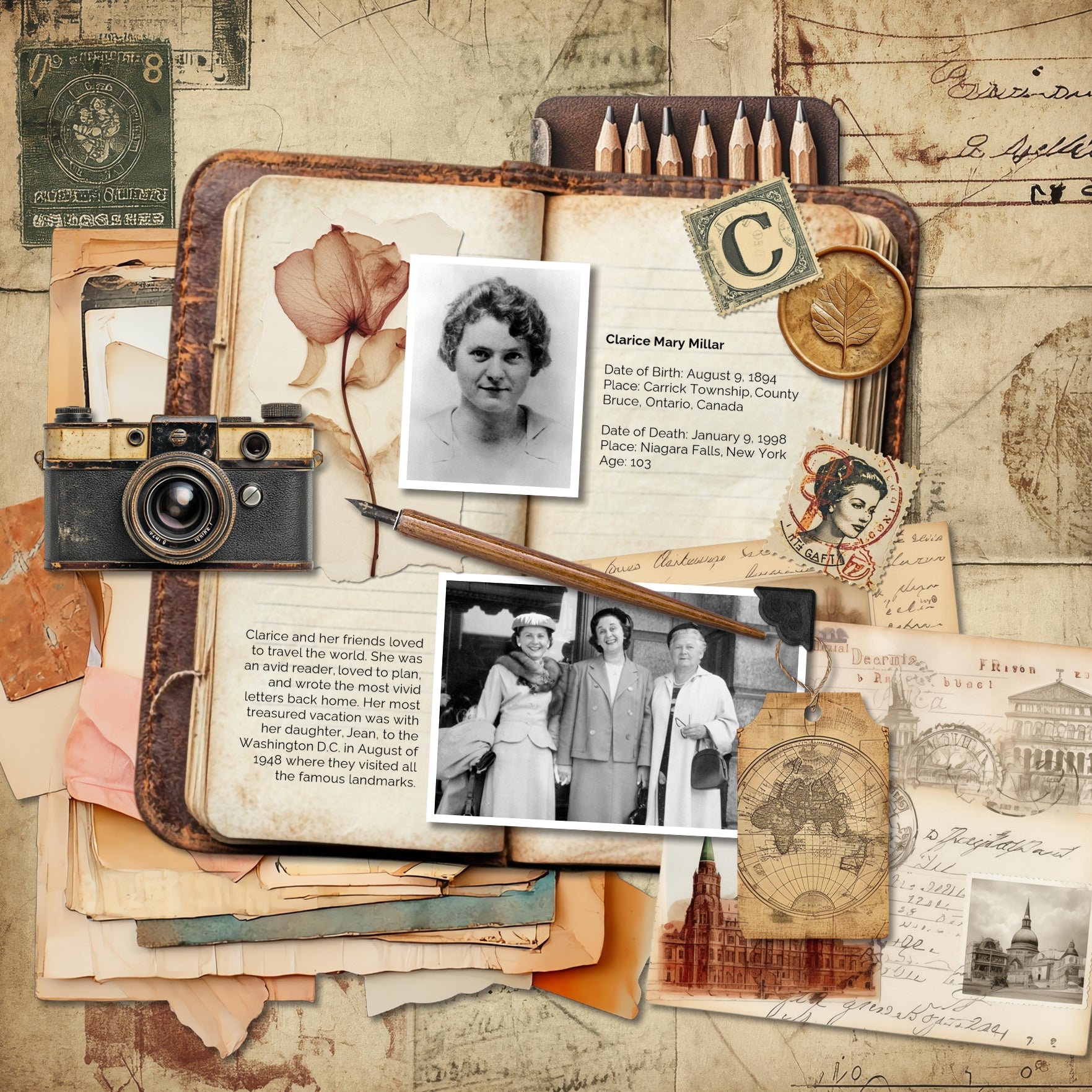 Inspired by old newspapers, map ephemera, travel postcards, and antique postage stamps, these digital scrapbooking embellishments, papers, and alpha set by Lucky Girl Creative digital art are great for accenting family history, heritage, travel, genealogy pages and even junk travel journals! Embellishments include antique airplane, delivery truck, automobile, binoculars, documents, antique papers, vintage cameras, and more.
