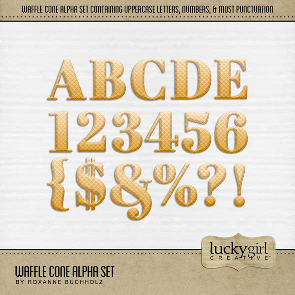 Showcase your favorite ice cream, ice cream shops, recipes, and cookbook favorites with these fun digital scrapbooking alphabet letters, numbers, and punctuation by Lucky Girl Creative digital art great for creating one-of-a-kind page titles. Great sweet treats, summer, and more! This alpha set consists of a full set of digital art uppercase letters A-Z, numbers 0-9, and most punctuation. This alpha set is available as individual embellishments only. This Alpha Set is NOT included in any bundle.