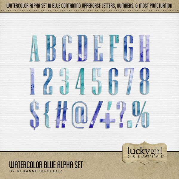 Add these beautiful watercolor letters, numbers, and punctuation by Lucky Girl Creative digital art to all your digital scrapbooking pages and mix-and-match them on various projects throughout the year! Great for any occasion and theme! The Watercolor Blue Alpha Set consists of a full set of digital art uppercase alphabet letters A-Z, numbers 0-9, and most punctuation marks.