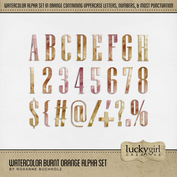 Add these beautiful watercolor letters, numbers, and punctuation by Lucky Girl Creative digital art to all your digital scrapbooking pages and mix-and-match them on various projects throughout the year! Great for any occasion and theme! The Watercolor Burnt Orange Alpha Set consists of a full set of digital art uppercase alphabet letters A-Z, numbers 0-9, and most punctuation marks. This alpha set is available as individual embellishments only. This kit is included in the Africa Watercolor Bundle.