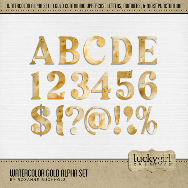 Add these beautiful watercolor letters, numbers, and punctuation by Lucky Girl Creative digital art to all your digital scrapbooking pages and mix-and-match them on various projects throughout the year! Great for any occasion and theme! The Watercolor Gold Alpha Set consists of a full set of digital art uppercase alphabet letters A-Z, numbers 0-9, and most punctuation marks.