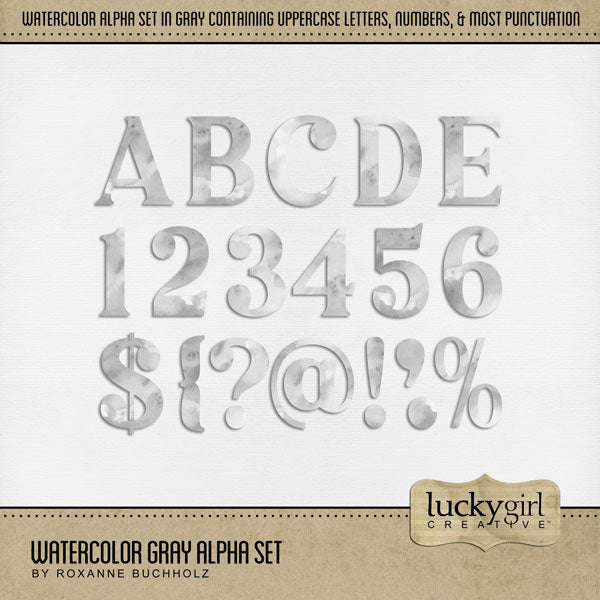 Add these beautiful watercolor letters, numbers, and punctuation by Lucky Girl Creative digital art to all your digital scrapbooking pages and mix-and-match them on various projects throughout the year! Great for any occasion and theme! The Watercolor Gray Alpha Set consists of a full set of digital art uppercase alphabet letters A-Z, numbers 0-9, and most punctuation marks. This alpha set is available as individual embellishments only. This kit is included in the British Isles Watercolor Bundle.