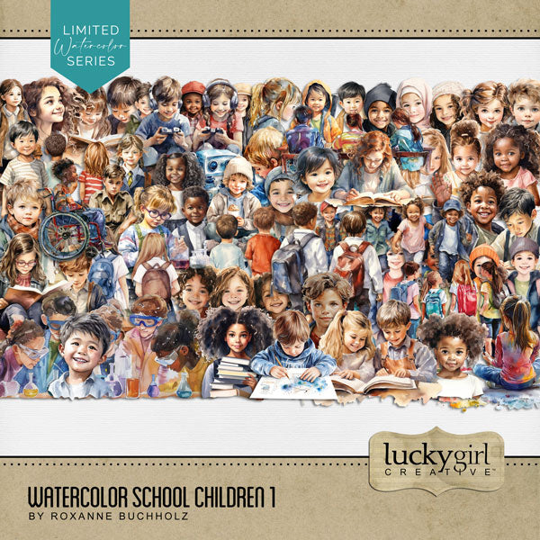 Celebrate the young, primary school children and elementary school kids in your life with these modern young school students by Lucky Girl Creative digital art showcasing various race diversity BIPOC boys and girls in a beautiful watercolor style. Common ethnic peoples include White, Caucasian, Hispanic, Latino, Black, African American, Asian, and Native American. Embellishments include the boy, girl, friends, and more! This kit is included in the Watercolor School Children Bundle.
