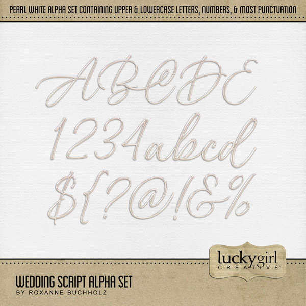 Add elegant pearl script alphabets, numbers, and punctuation by Lucky Girl Creative digital art to all your wedding pages to create one-of-a-kind digital scrapbooking page titles. Great for baby, baptism, and bachelorette parties, too! Easily colorized to fit your colors by changing the hue! The Wedding Script Alpha Set consists of a full set of digital art uppercase alphabet letters A-Z, lowercase alphabet letters a-z, numbers 0-9, and most punctuation marks. This alpha set is available as individual embel