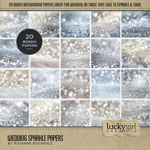Add these beautiful glitter background papers by Lucky Girl Creative digital art to all your digital scrapbooking pages! With sparkle and shine, these bokeh inspired papers are perfect for wedding, birthday, anniversary, and other party celebrations!