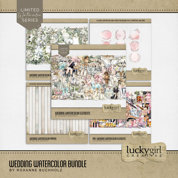 Celebrate the bride and groom, remember the beautiful wedding day, the getting ready activities, and the reception party with elegant watercolor embellishments and pretty papers by Lucky Girl Creative digital art to add to all your wedding and bridal shower pages! Perfect for the ceremony at the church, the vows, and the reception. Wedding embellishments include angel, wings, balloon, bell, bird cage, Bible, book, ribbon, bow, cake, tea service, bride, bridge, butterfly, wedding cake, candle, and more.