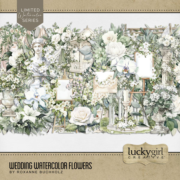 Add elegant watercolor flowers in white to all your digital scrapbooking pages! Great for wedding pages and invitations, bridal shower, baby, baptism, anniversary, and everyday pages, too! Embellishments include white flowers, floral bouquets, leaf, leaves, branches, rose, poppy, orchid, wedding signs, statue, gazebo, envelope, arch, candle, and more. This kit is included in the Wedding Watercolor Bundle.