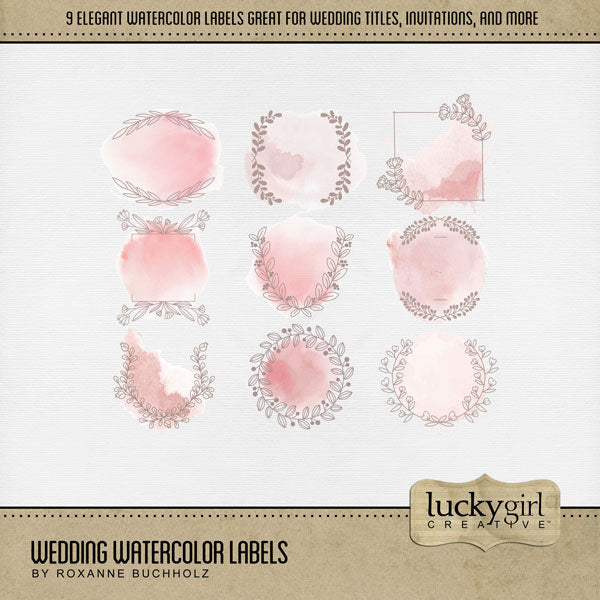 Add elegant watercolor labels by Lucky Girl Creative digital art to all your wedding, bridal shower, anniversary, baby, birthday, and bachelorette party pages! Add your favorite word art and easily colorize to fit your colors by changing the hue! This kit is included in the Wedding Watercolor Bundle.