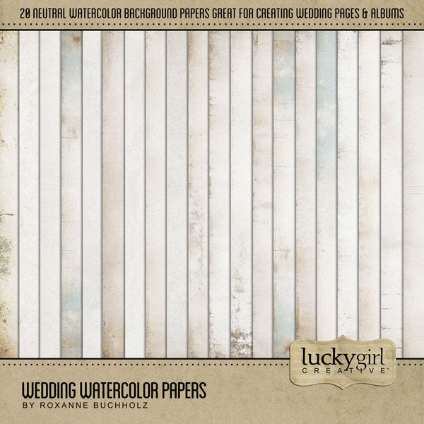 Add elegant watercolor papers by Lucky Girl Creative digital art to all your digital scrapbooking pages! Great for wedding pages and invitations, baby, baptism, anniversary, and everyday pages, too! This kit is included in the Wedding Watercolor Bundle.
