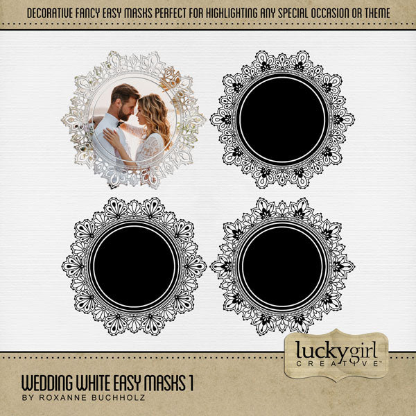 With 4 unique designs by Lucky Girl Creative digital art, these decorative round photo masks for digital scrapbooking are supplied as both standard and inverse embellishment overlays for maximum flexibility. These circle masks are perfect for highlighting any special occasion or theme, especially wedding, baby, and vintage heritage. Fill with color, paper, or your favorite photo to create a one-of-a-kind image.