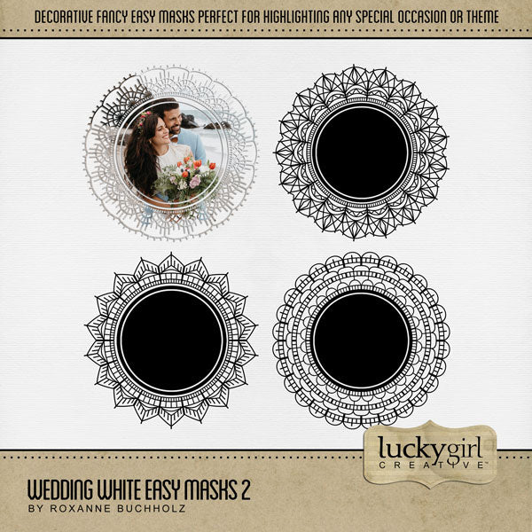 With 4 unique designs by Lucky Girl Creative digital art, these decorative round photo masks for digital scrapbooking are supplied as both standard and inverse embellishment overlays for maximum flexibility. These circle masks are perfect for highlighting any special occasion or theme, especially wedding, baby, and vintage heritage. Fill with color, paper, or your favorite photo to create a one-of-a-kind image.