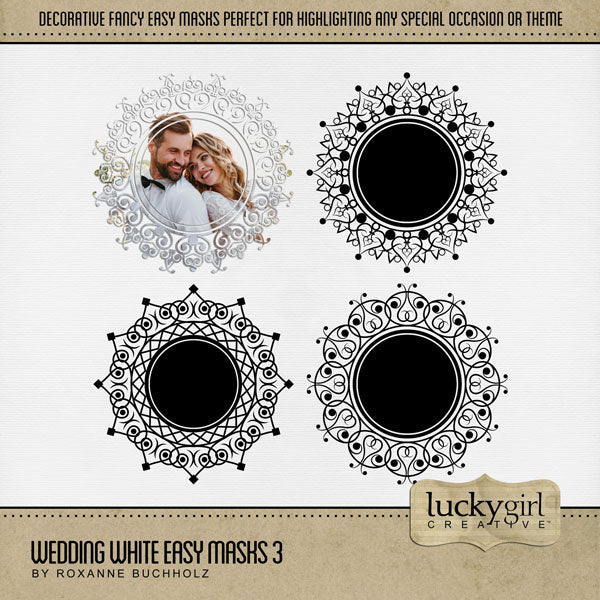 With 4 unique designs by Lucky Girl Creative digital art, these decorative round photo masks for digital scrapbooking are supplied as both standard and inverse embellishment overlays for maximum flexibility. These circle masks are perfect for highlighting any special occasion or theme, especially wedding, baby, and vintage heritage. Fill with color, paper, or your favorite photo to create a one-of-a-kind image.