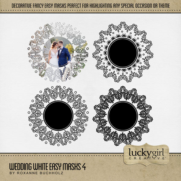 With 4 unique designs by Lucky Girl Creative digital art, these decorative round photo masks for digital scrapbooking are supplied as both standard and inverse embellishment overlays for maximum flexibility. These circle masks are perfect for highlighting any special occasion or theme, especially wedding, baby, and vintage heritage. Fill with color, paper, or your favorite photo to create a one-of-a-kind image.