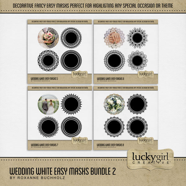 With 16 unique designs by Lucky Girl Creative digital art, these decorative round photo masks for digital scrapbooking are supplied as both standard and inverse embellishment overlays for maximum flexibility. These circle masks are perfect for highlighting any special occasion or theme, especially wedding, baby, and vintage heritage. Fill with color, paper, or your favorite photo to create a one-of-a-kind image.