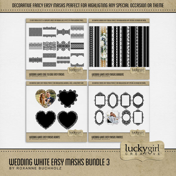 With 36 unique designs by Lucky Girl Creative digital art, these decorative photo masks are supplied as both standard and inverse embellishment overlays for maximum flexibility. They are perfect for highlighting any special occasion or theme, especially wedding, baby, and vintage heritage. Fill with color, paper, or your favorite photo to create a one-of-a-kind image.