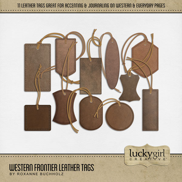 Add a touch of Wild West authenticity to your digital scrapbooking pages with these realistic leather tags by Lucky Girl Creative digital art perfect for journaling. Great for travels to the Southwest (Arizona, Colorado, Utah, Nevada, New Mexico), cowboy and cowgirl dances and hoedowns, rodeo and ranch events, ghost towns, vacations to the desert, Mexico, and so much more!