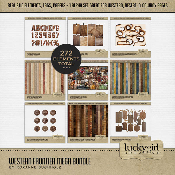 Add a touch of Wild West authenticity to your digital scrapbooking pages with these realistic embellishments, papers, and alpha set by Lucky Girl Creative digital art. Great for travels to the Southwest (Arizona, Colorado, Utah, Nevada, New Mexico), cowboy and cowgirl dances and hoedowns, rodeo and ranch events, ghost towns, vacations to the desert, Mexico, and so much more!