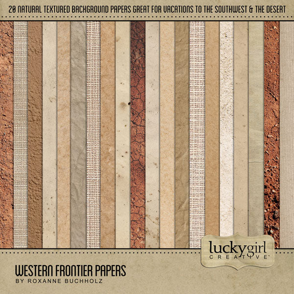 The Western Frontier Papers Digital Scrapbook Kit features natural textured Wild West digital scrapbooking papers by Lucky Girl Creative digital art. Perfect for western-inspired backgrounds to your digital scrapbook pages including travels to the Southwest (Arizona, Colorado, Utah, Nevada, New Mexico), cowboy and cowgirl dances and hoedowns, rodeo and ranch events, and ghost towns.