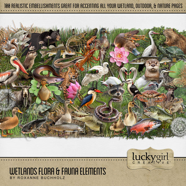 Add these beautiful and realistic embellishments by Lucky Girl Creative digital art to all your digital scrapbooking pages. Great for camping, outdoors, nature, fishing, and adventures in the wetlands, lake, swamp, marsh, and estuary. Embellishments include alligator, black bear, duck, duckling, goose, egret, heron, crane, kingfisher, pelican, spoonbill, stork, swan, woodpecker, crab, crayfish, crawfish, deer, stag, eel, fish, catfish, bass, salmon, trout, fly, grasshopper, jaguar, mosquito, mink, and more.