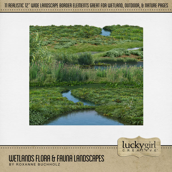 Add these beautiful and realistic landscape borders by Lucky Girl Creative digital art to all your digital scrapbooking pages. Great for camping, outdoors, nature, fishing, and adventures in the wetlands, lake, swamp, marsh, and estuary. This kit is included in the Wetlands Flora & Fauna Mega Bundle.