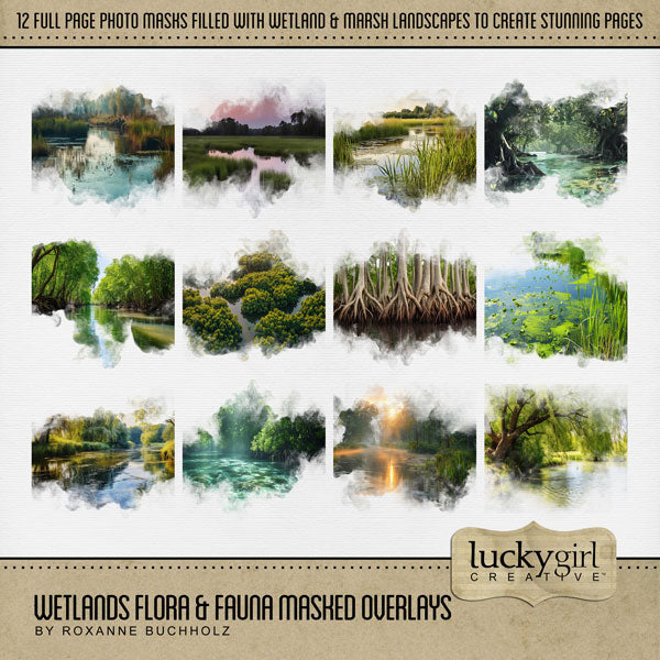 Add these beautiful scenic masked landscape overlays by Lucky Girl Creative digital art to all your digital scrapbooking pages. With transparent edges, these masked photographs blend seamlessly into any background paper and make the perfect backdrop for camping, outdoors, nature, fishing, and adventures in the wetlands, lake, swamp, marsh, and estuary. This kit is included in the Wetlands Flora & Fauna Mega Bundle.
